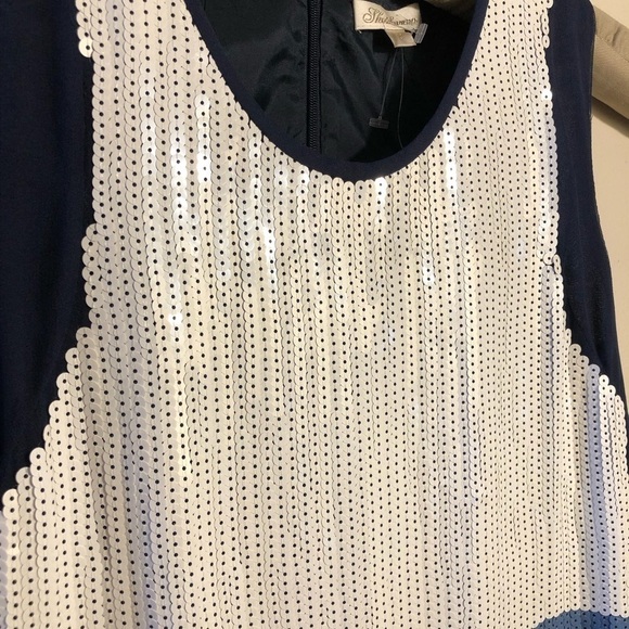 Shoshanna Striped Sequin Mini Dress Sleeveless Blue White Shift Designer Size 2 - Picture 6 of 11